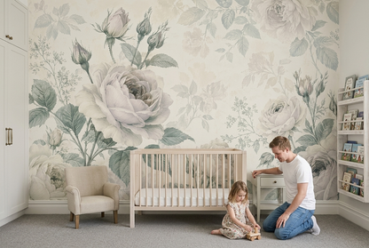 Ivory Rose Wall Mural with Muted Green Leaves in Vintage Botanical Style