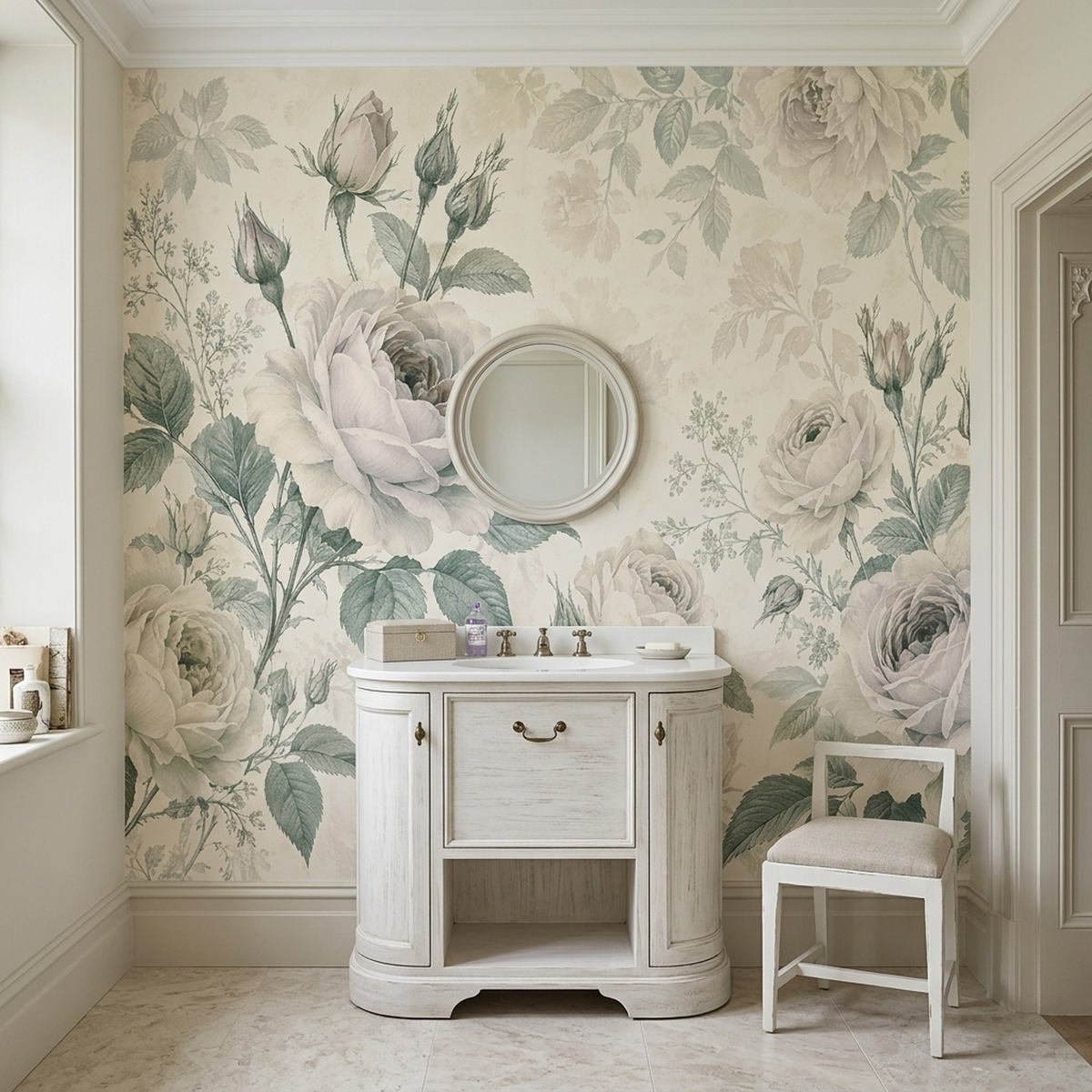 Ivory Rose Wall Mural with Muted Green Leaves in Vintage Botanical Style