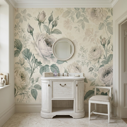 Ivory Rose Wall Mural with Muted Green Leaves in Vintage Botanical Style