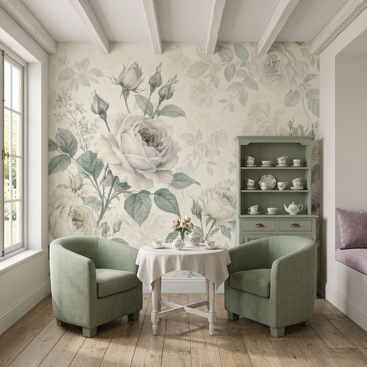 Ivory Rose Wall Mural with Muted Green Leaves in Vintage Botanical Style
