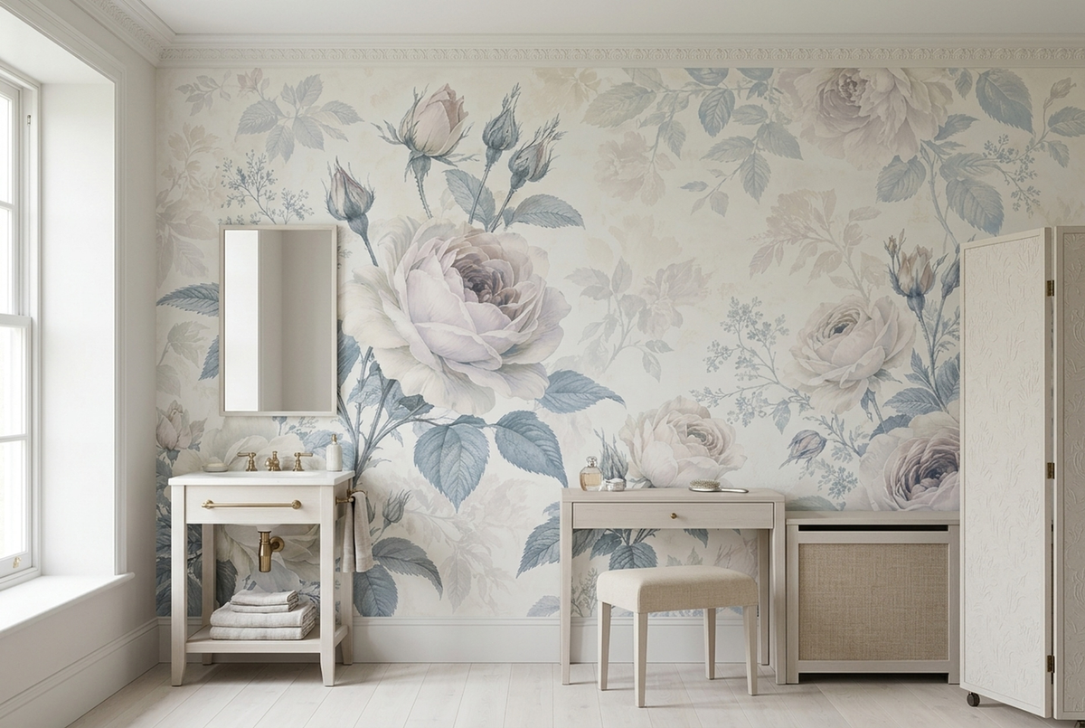 Vintage Ivory Rose Wall Mural with Dusty Blue Botanical Leaves