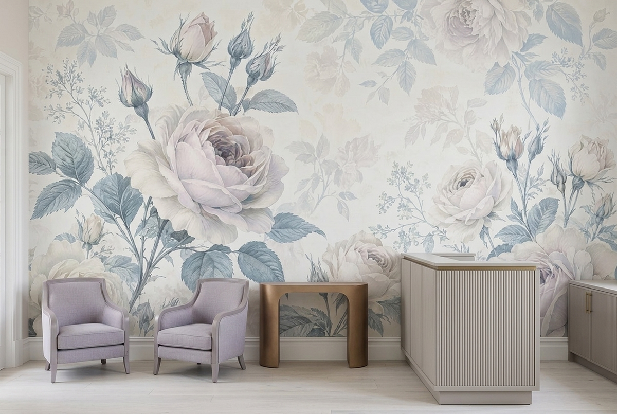 Vintage Ivory Rose Wall Mural with Dusty Blue Botanical Leaves