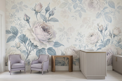 Vintage Ivory Rose Wall Mural with Dusty Blue Botanical Leaves