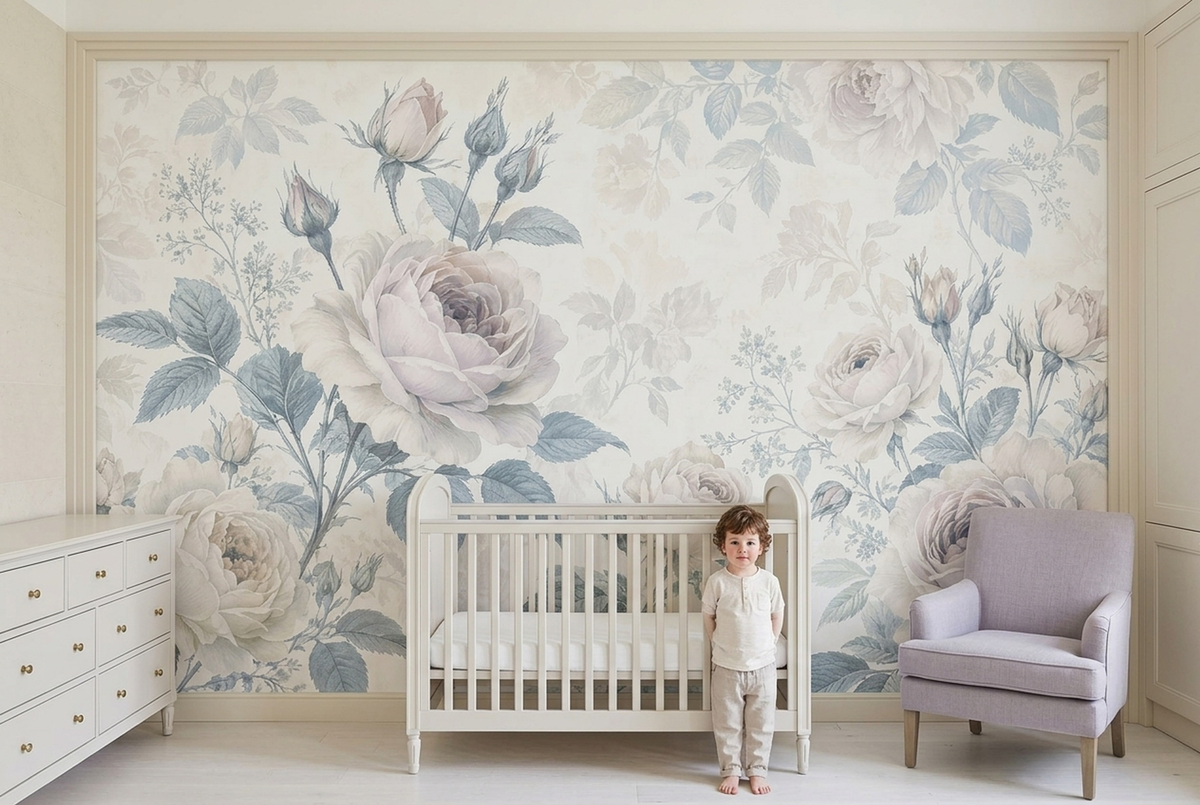 Vintage Ivory Rose Wall Mural with Dusty Blue Botanical Leaves
