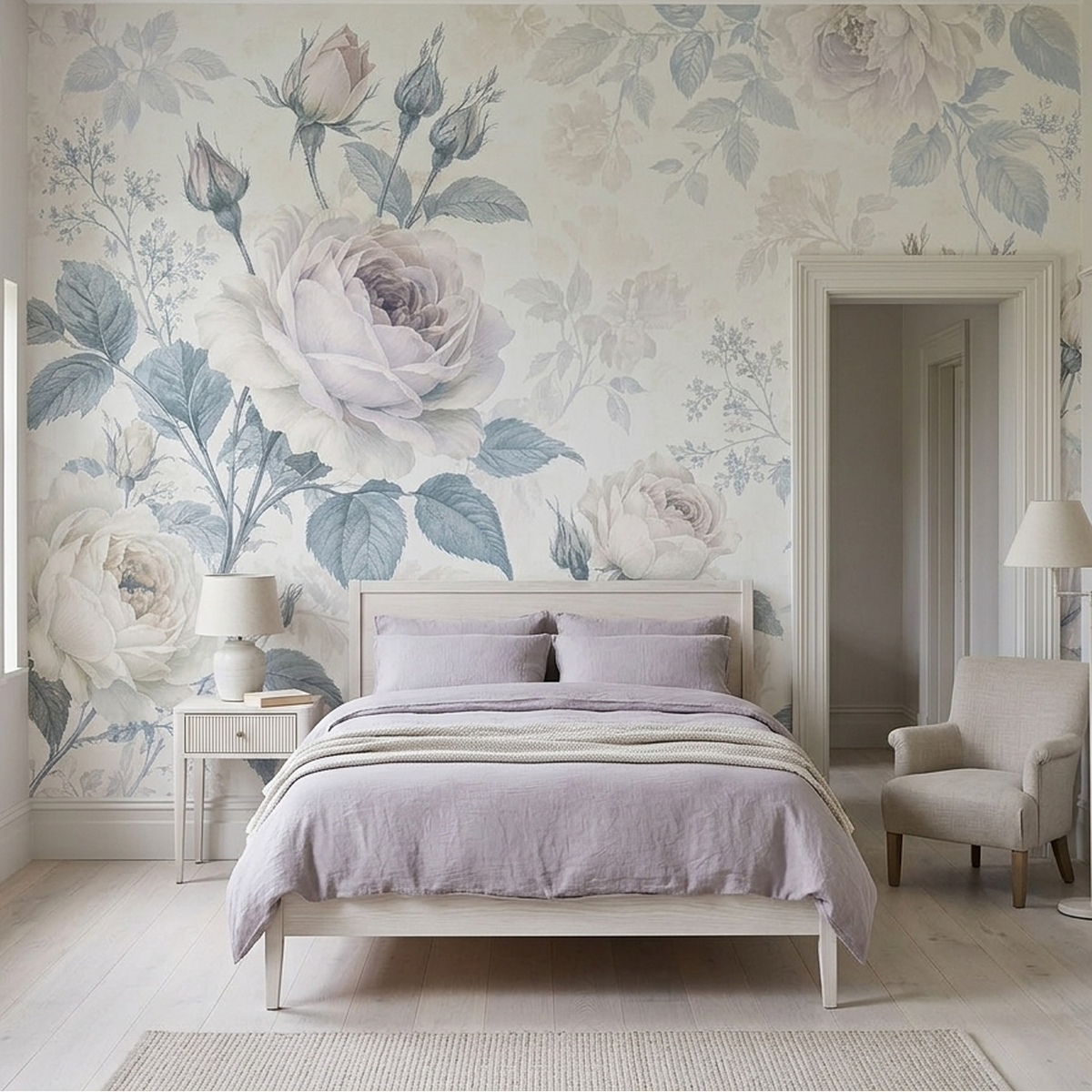 Vintage Ivory Rose Wall Mural with Dusty Blue Botanical Leaves