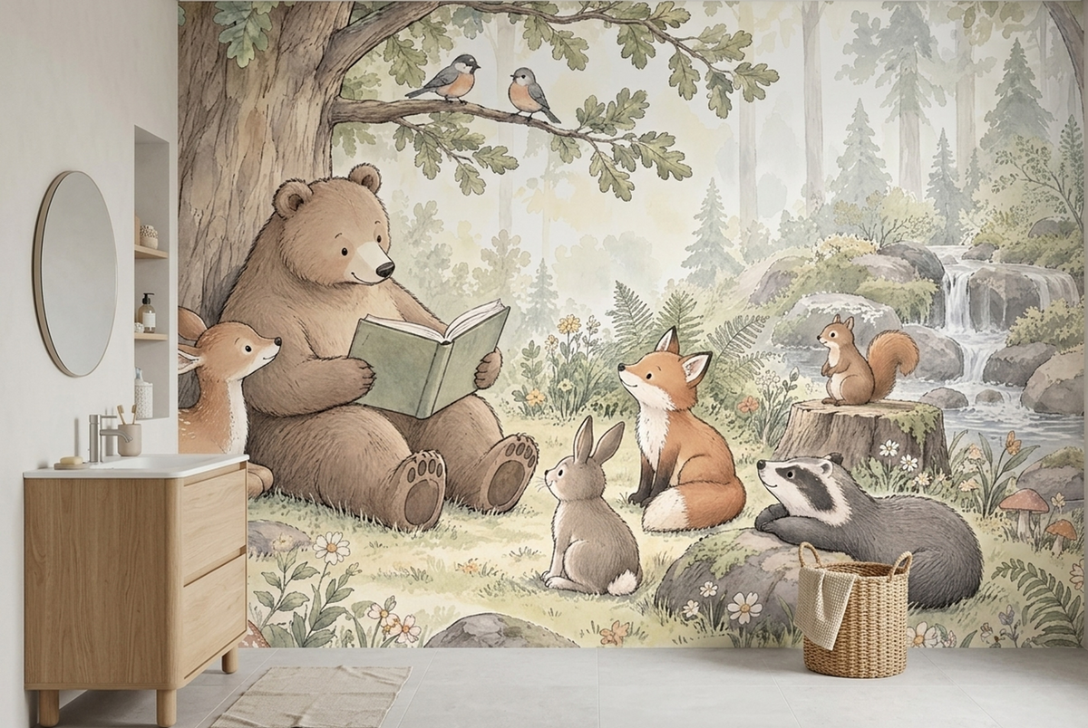 Storytime Bear Nursery Wall Mural with Forest Animal Friends