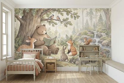 Storytime Bear Nursery Wall Mural with Forest Animal Friends