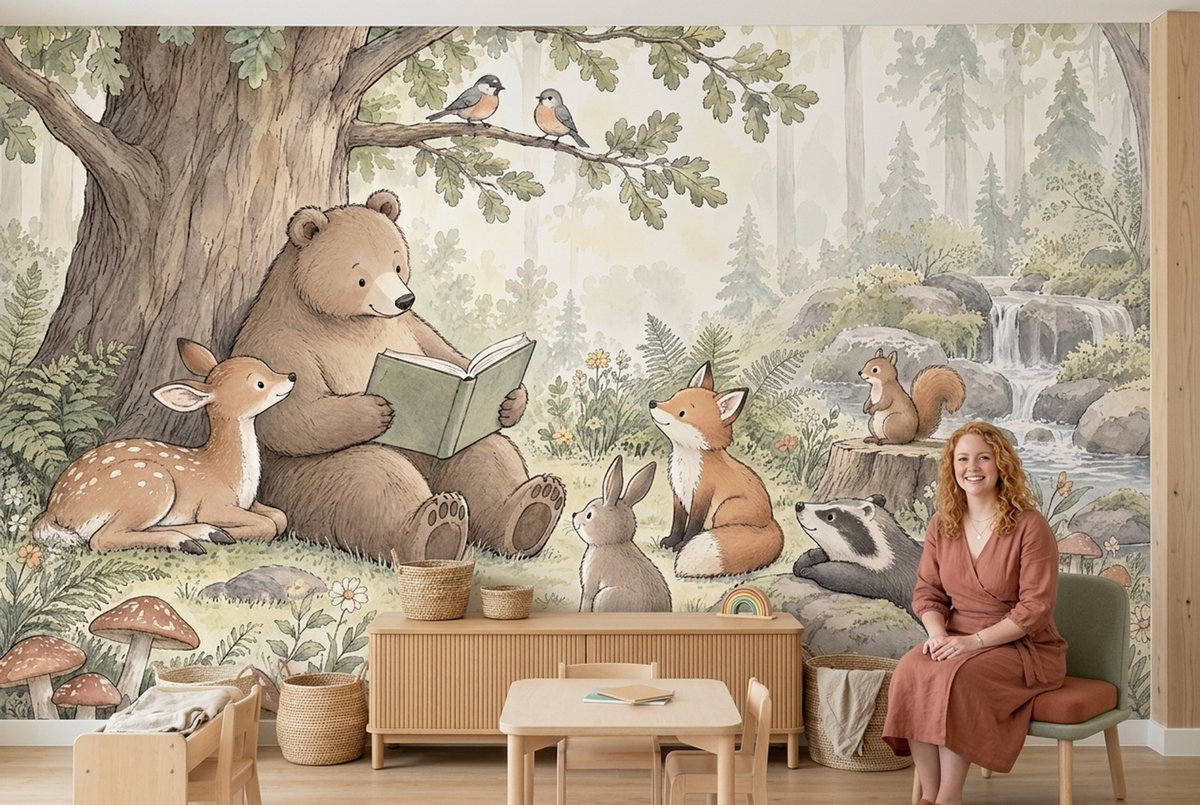 Storytime Bear Nursery Wall Mural with Forest Animal Friends