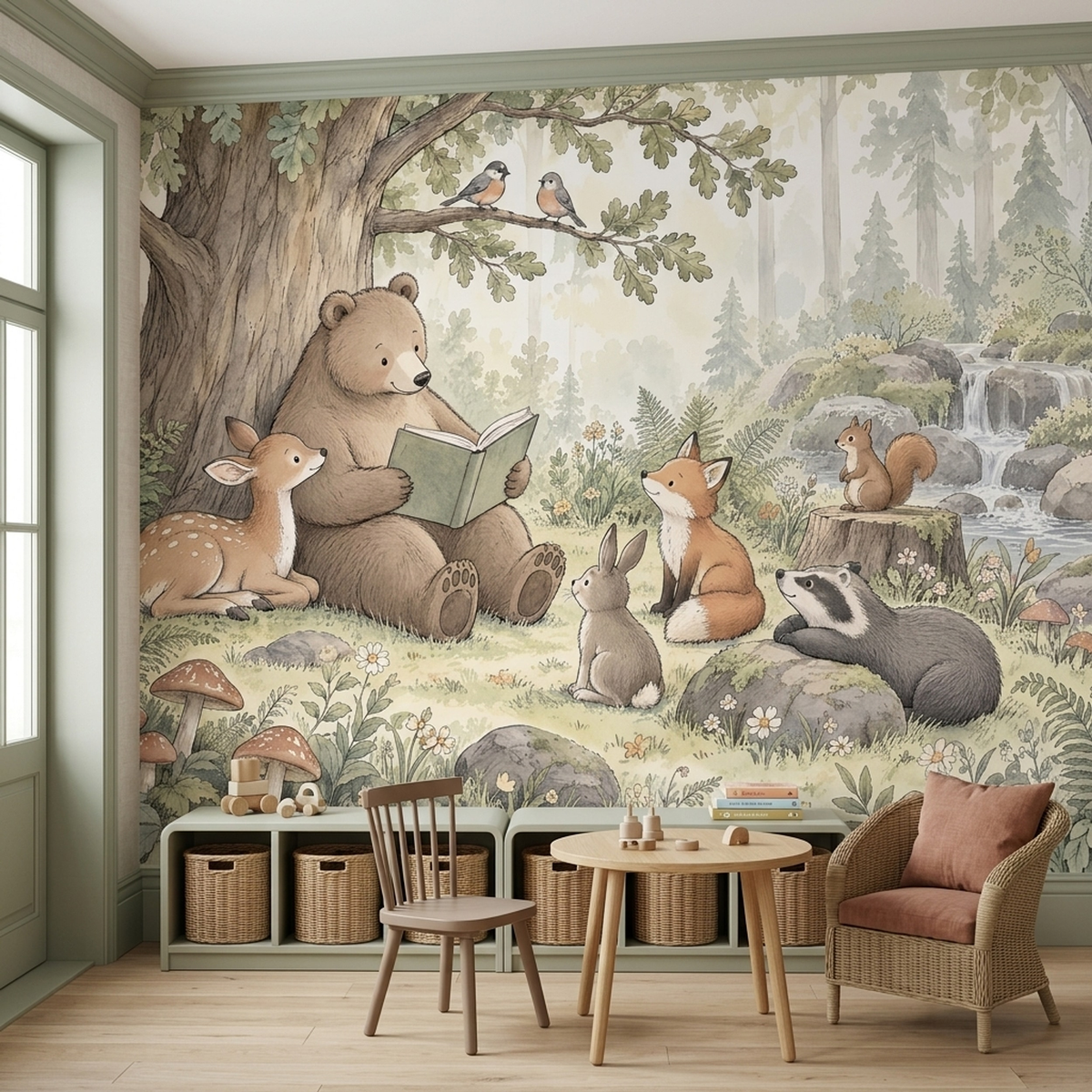 Storytime Bear Nursery Wall Mural with Forest Animal Friends