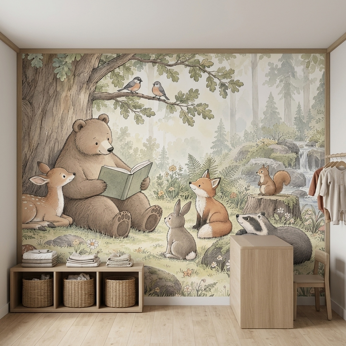 Storytime Bear Nursery Wall Mural with Forest Animal Friends