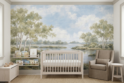 Watercolor Riverbank Landscape Wallpaper Soft Horizon Wall Mural