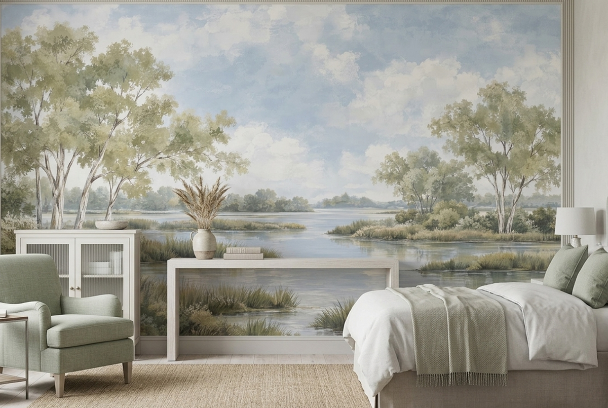 Watercolor Riverbank Landscape Wallpaper Soft Horizon Wall Mural