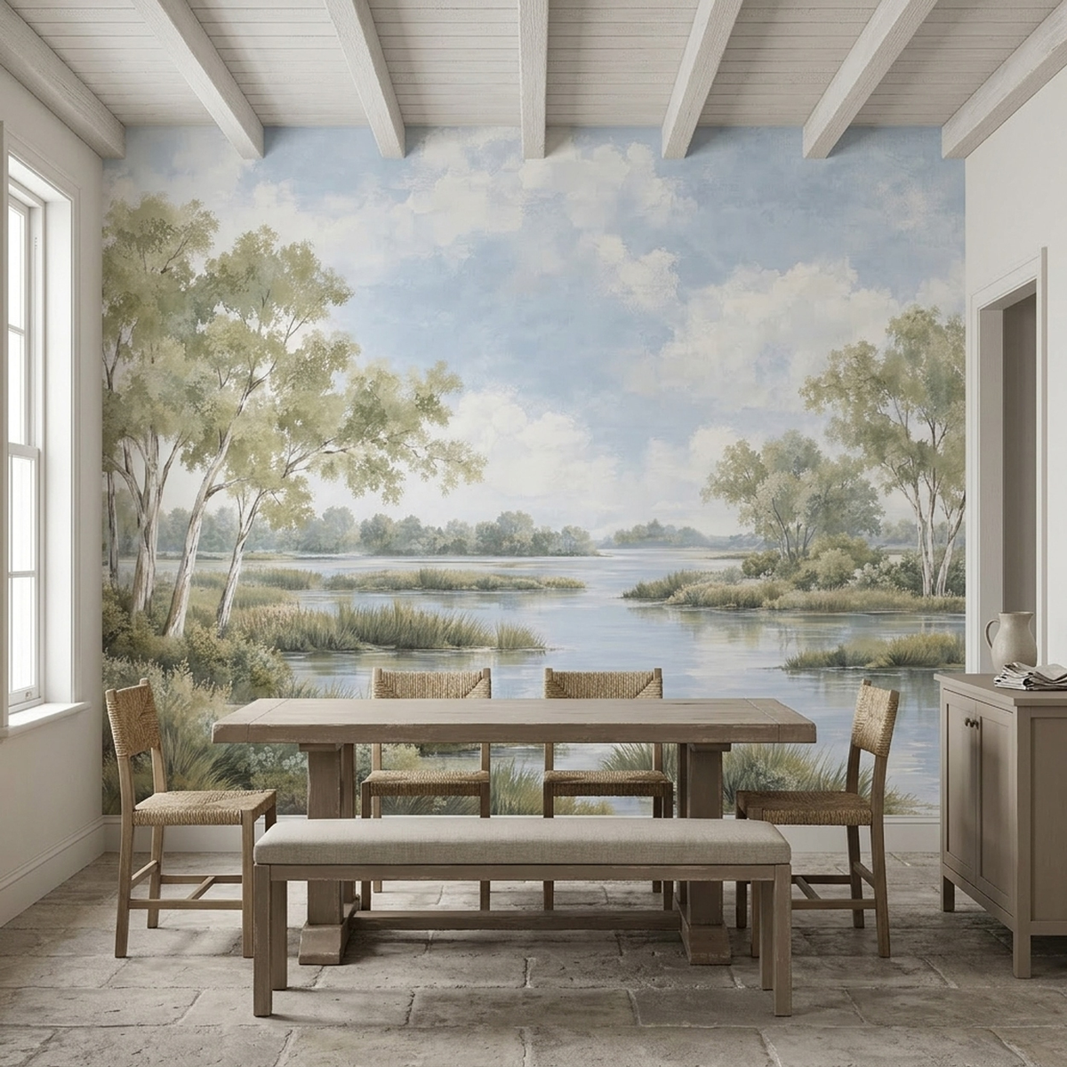 Watercolor Riverbank Landscape Wallpaper Soft Horizon Wall Mural
