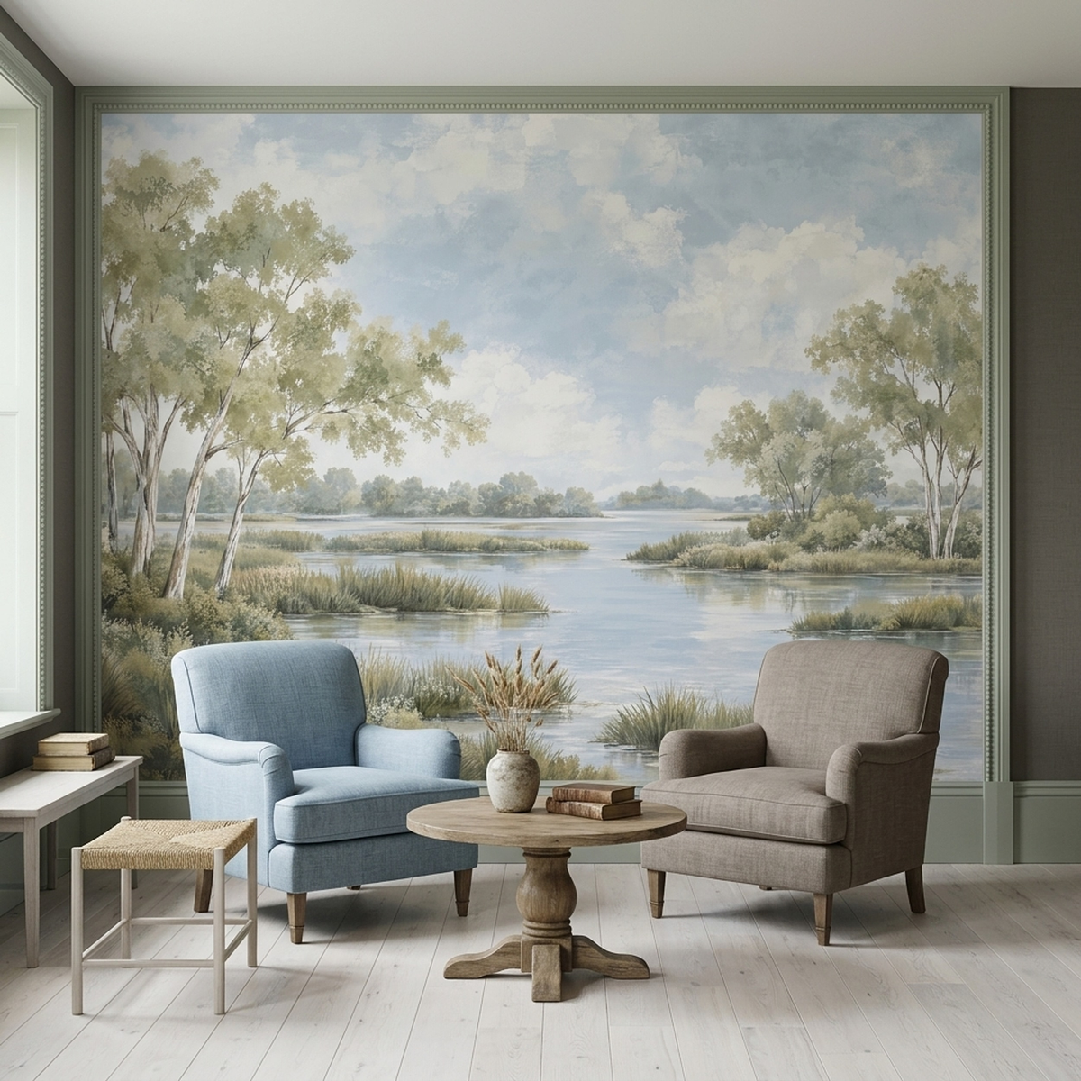 Watercolor Riverbank Landscape Wallpaper Soft Horizon Wall Mural
