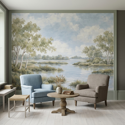 Watercolor Riverbank Landscape Wallpaper Soft Horizon Wall Mural