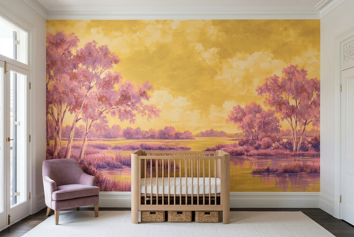 Pink Riverbank Trees Wallpaper Sunset Sky Wall Mural