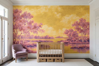 Pink Riverbank Trees Wallpaper Sunset Sky Wall Mural