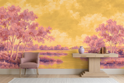 Pink Riverbank Trees Wallpaper Sunset Sky Wall Mural