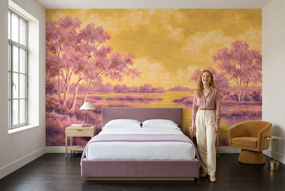 Pink Riverbank Trees Wallpaper Sunset Sky Wall Mural