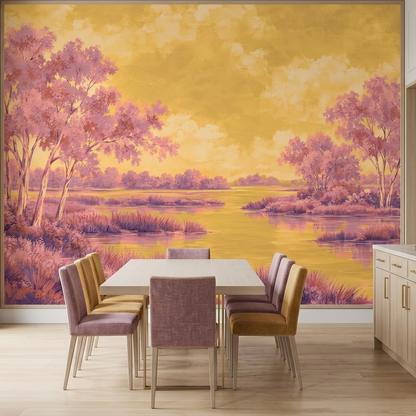 Pink Riverbank Trees Wallpaper Sunset Sky Wall Mural