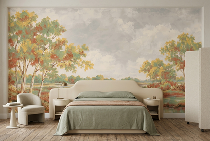 Autumn Lake Shore Wallpaper Cloudy Sky Wall Mural