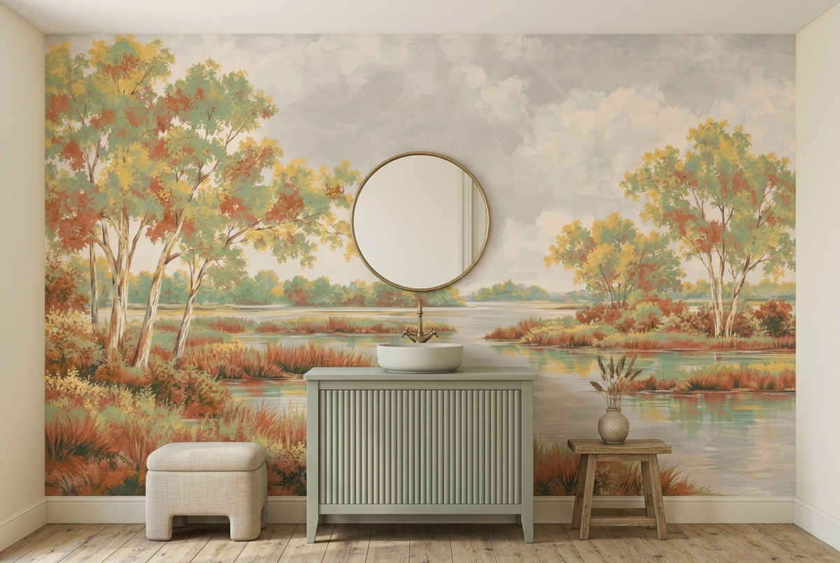 Autumn Lake Shore Wallpaper Cloudy Sky Wall Mural