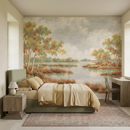 Autumn Lake Shore Wallpaper Cloudy Sky Wall Mural