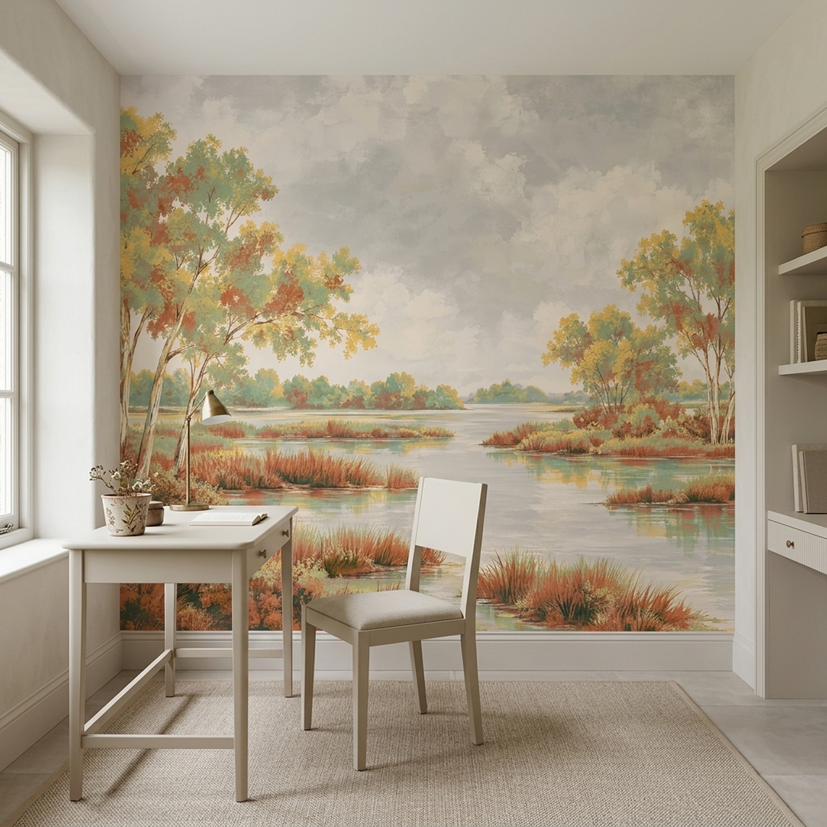 Autumn Lake Shore Wallpaper Cloudy Sky Wall Mural