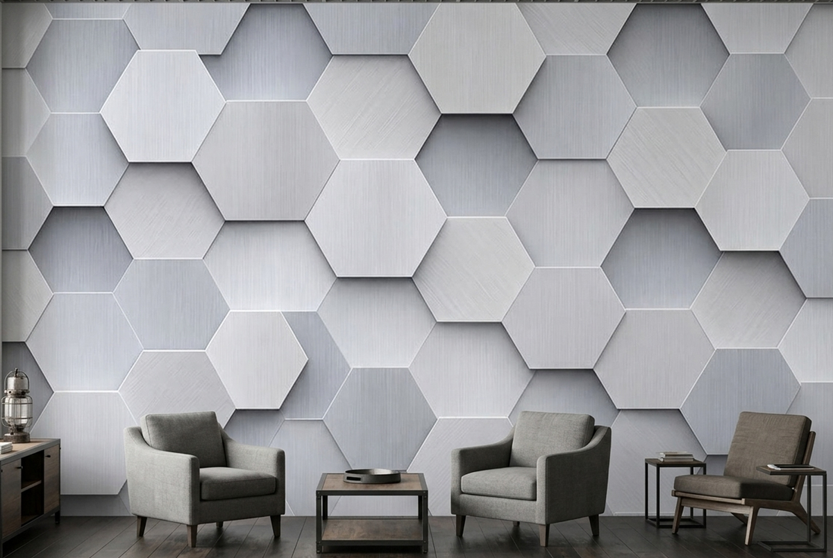 Embossed Hexagon Grid Wallpaper Brushed Silver Wall Mural