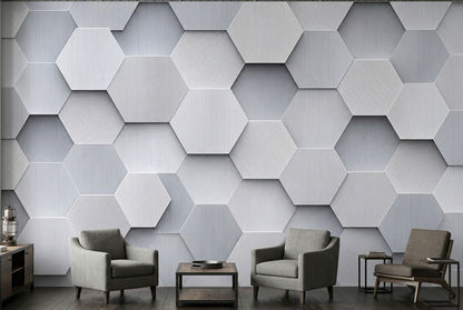 Embossed Hexagon Grid Wallpaper Brushed Silver Wall Mural