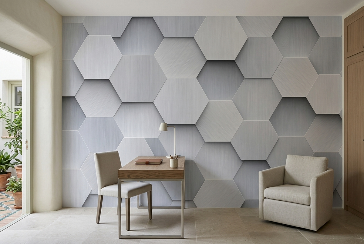 Embossed Hexagon Grid Wallpaper Brushed Silver Wall Mural