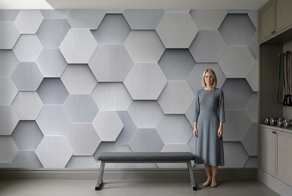 Embossed Hexagon Grid Wallpaper Brushed Silver Wall Mural