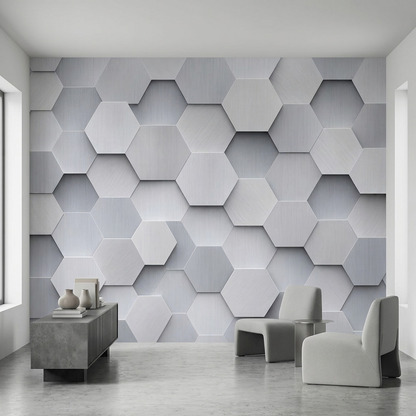 Embossed Hexagon Grid Wallpaper Brushed Silver Wall Mural