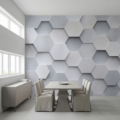 Embossed Hexagon Grid Wallpaper Brushed Silver Wall Mural