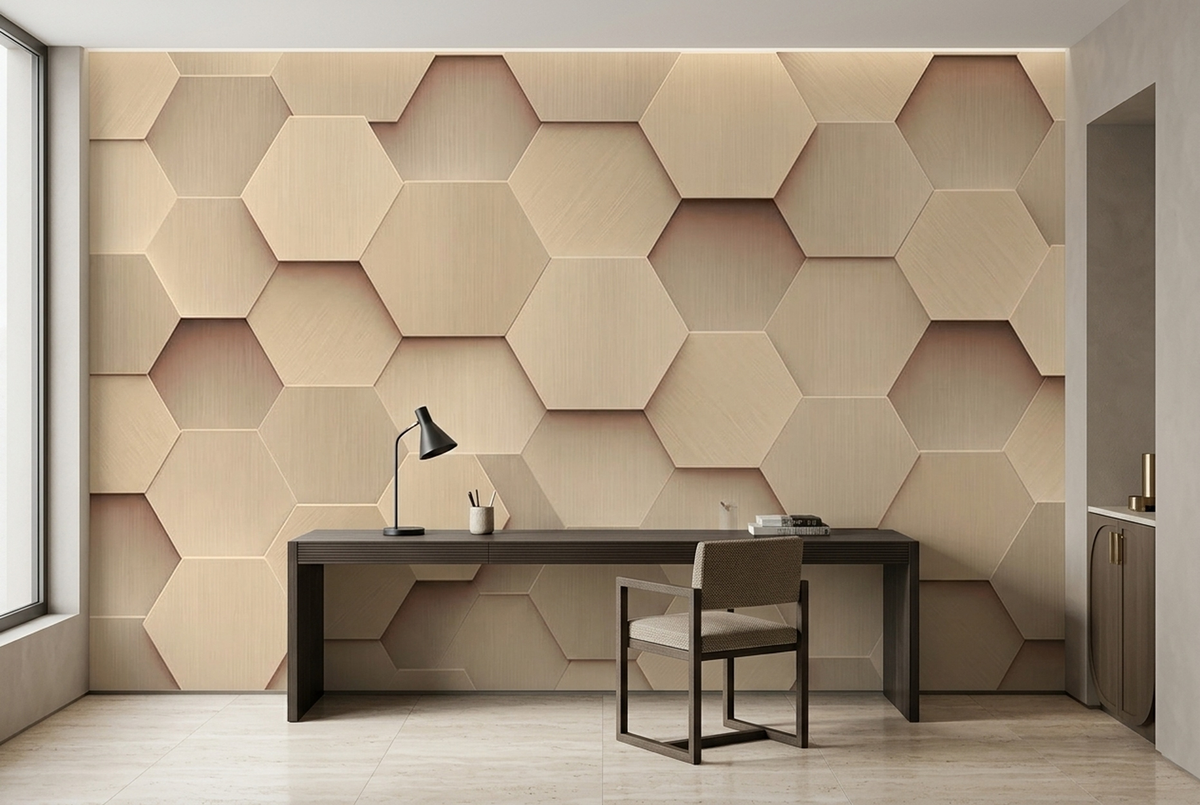 Hexagon Panel Relief Wallpaper Neutral 3D Geometric Wall Mural