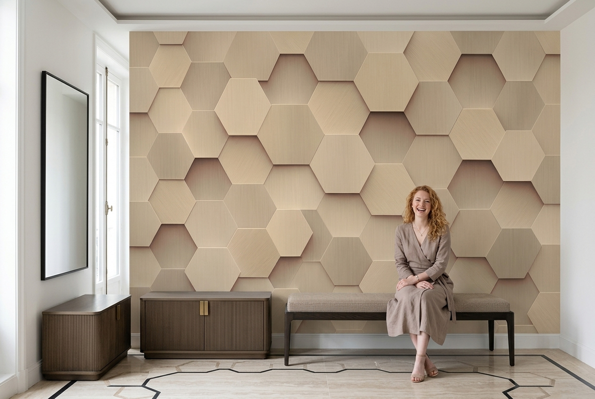 Hexagon Panel Relief Wallpaper Neutral 3D Geometric Wall Mural