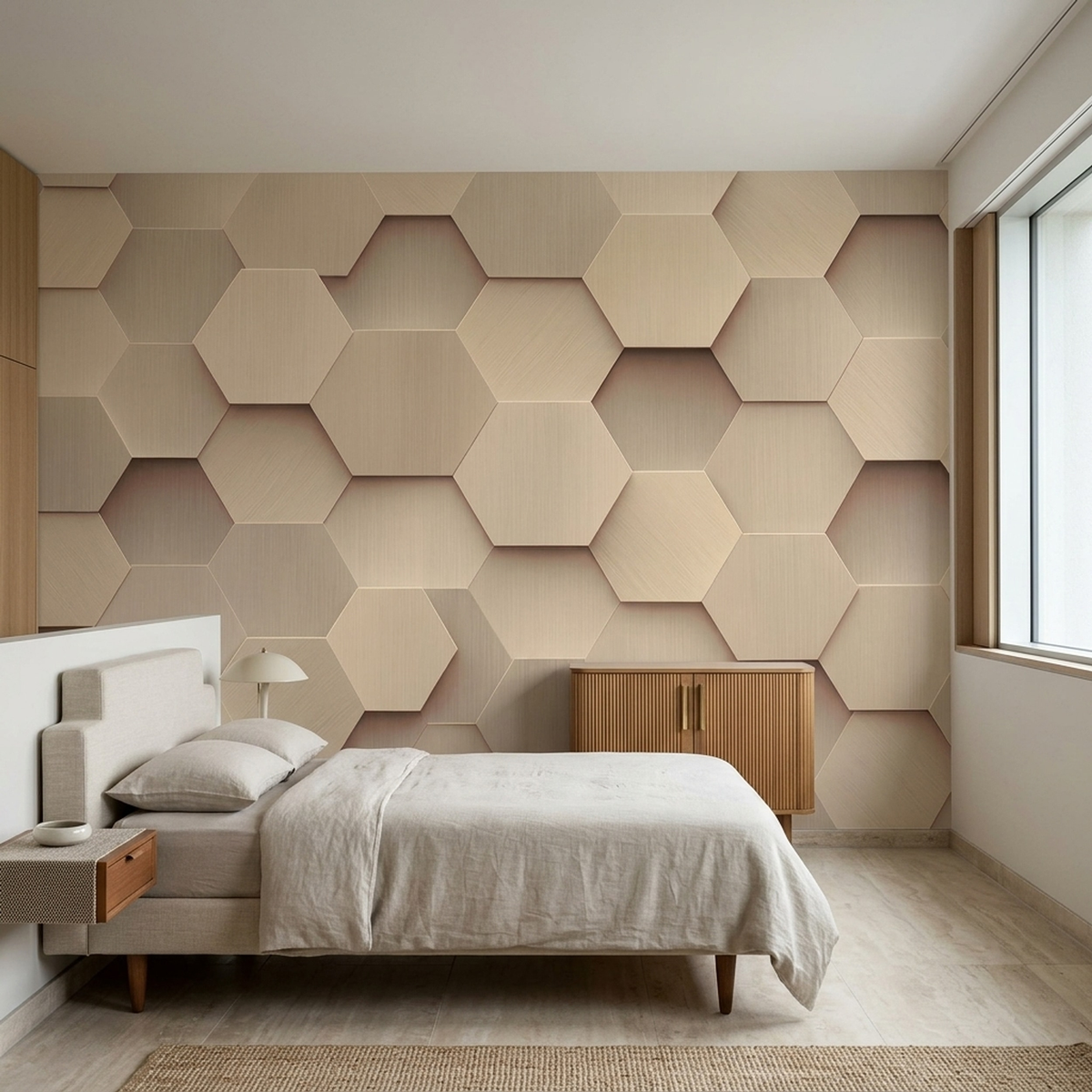 Hexagon Panel Relief Wallpaper Neutral 3D Geometric Wall Mural