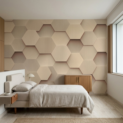 Hexagon Panel Relief Wallpaper Neutral 3D Geometric Wall Mural
