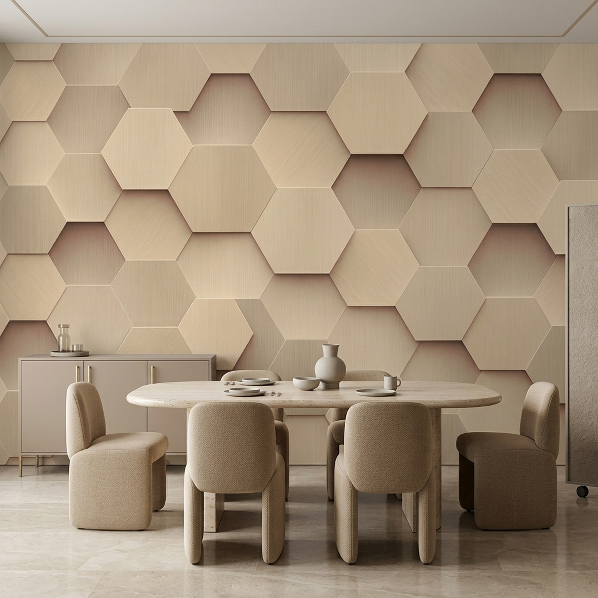 Hexagon Panel Relief Wallpaper Neutral 3D Geometric Wall Mural