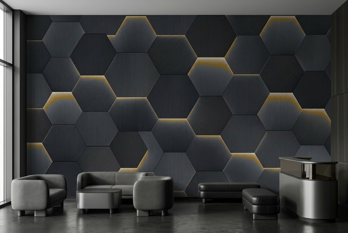 Metallic Hexagon Grid Wallpaper Gold Line Detail Wall Mural