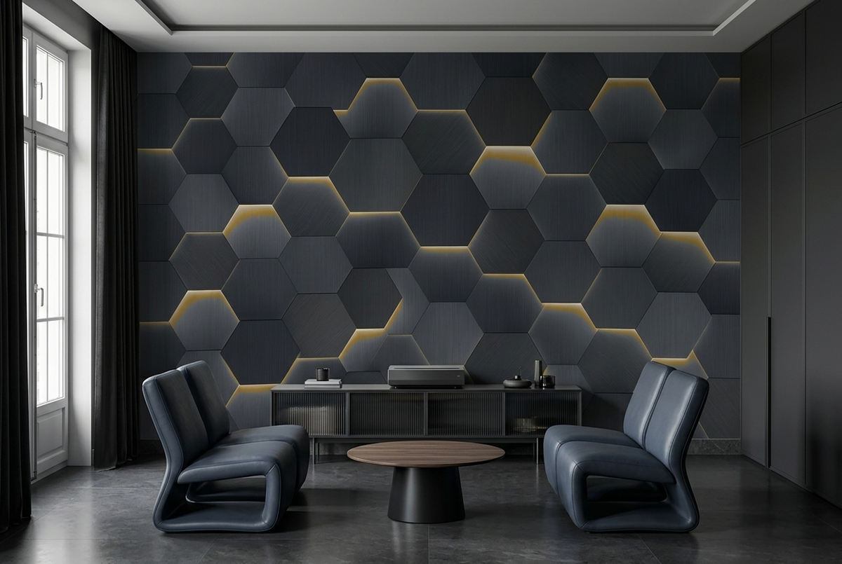 Metallic Hexagon Grid Wallpaper Gold Line Detail Wall Mural