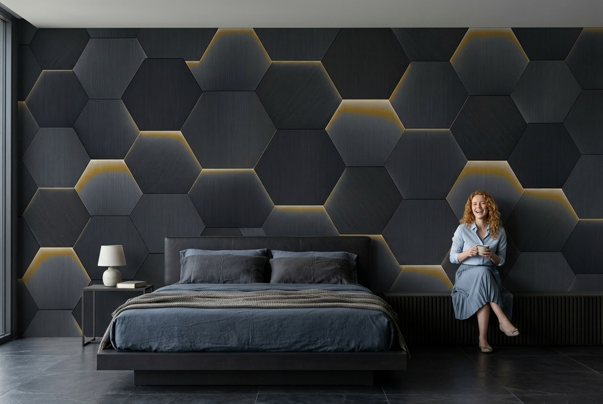 Metallic Hexagon Grid Wallpaper Gold Line Detail Wall Mural