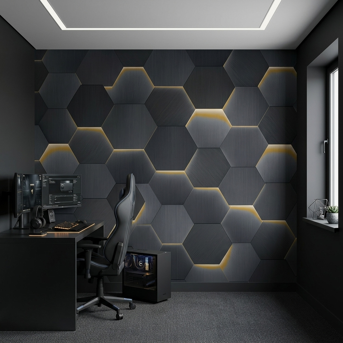 Metallic Hexagon Grid Wallpaper Gold Line Detail Wall Mural