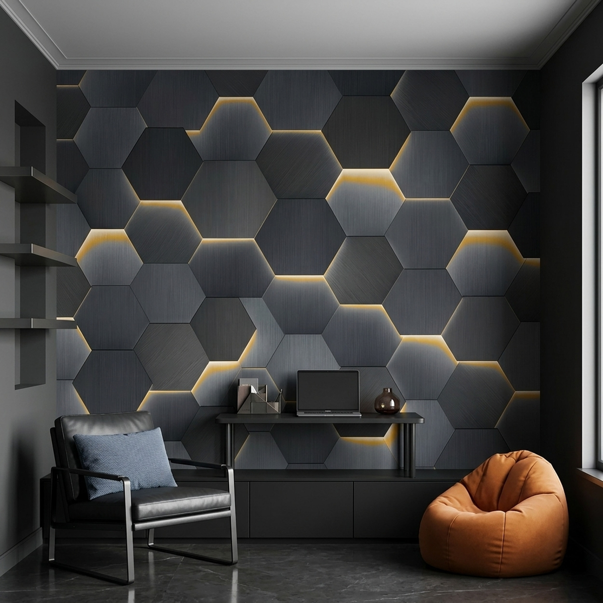 Metallic Hexagon Grid Wallpaper Gold Line Detail Wall Mural