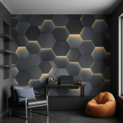 Metallic Hexagon Grid Wallpaper Gold Line Detail Wall Mural