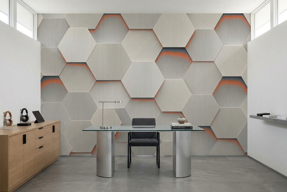 Gray Hexagon Wall Mural with Orange Accents and Brushed Metal Effect