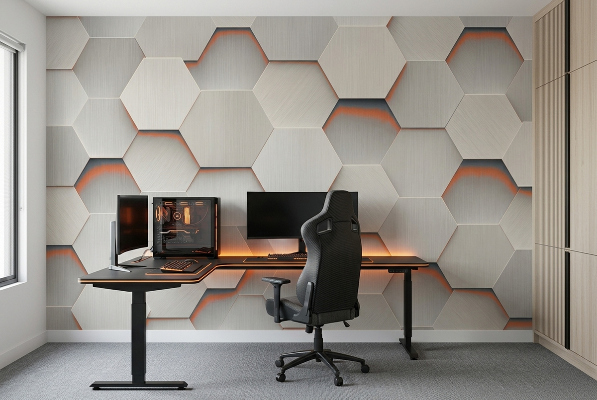 Gray Hexagon Wall Mural with Orange Accents and Brushed Metal Effect