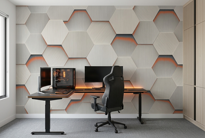 Gray Hexagon Wall Mural with Orange Accents and Brushed Metal Effect
