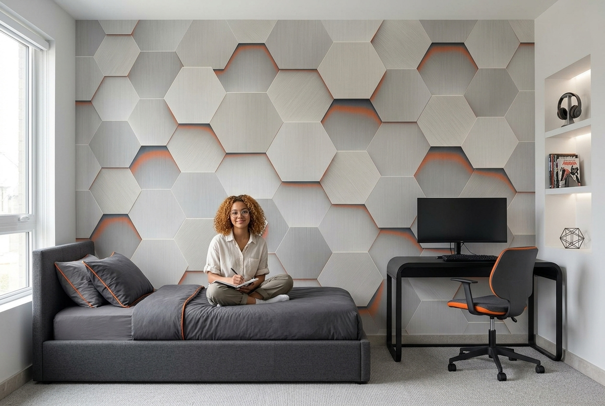 Gray Hexagon Wall Mural with Orange Accents and Brushed Metal Effect
