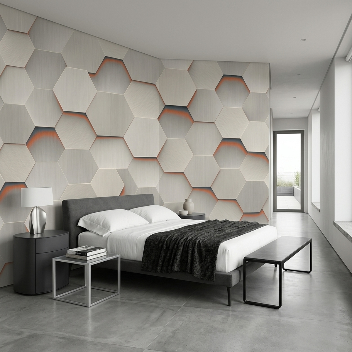 Gray Hexagon Wall Mural with Orange Accents and Brushed Metal Effect